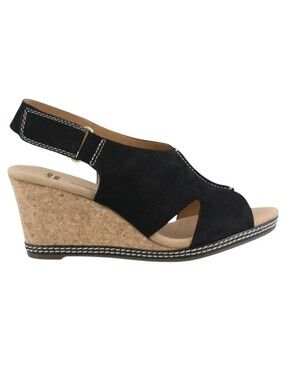 Clarks Collection Helio Float Wedge Open Toe Black Slingback Sandals Size 6.5